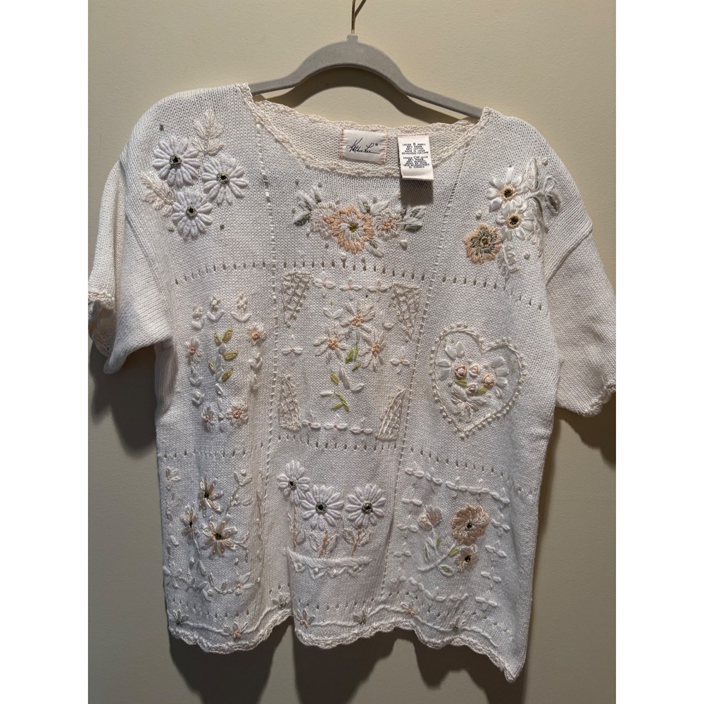 Kathie Lee Vintage Floral Embroidered Knit Sweater Ivory Short Sleeve Small
